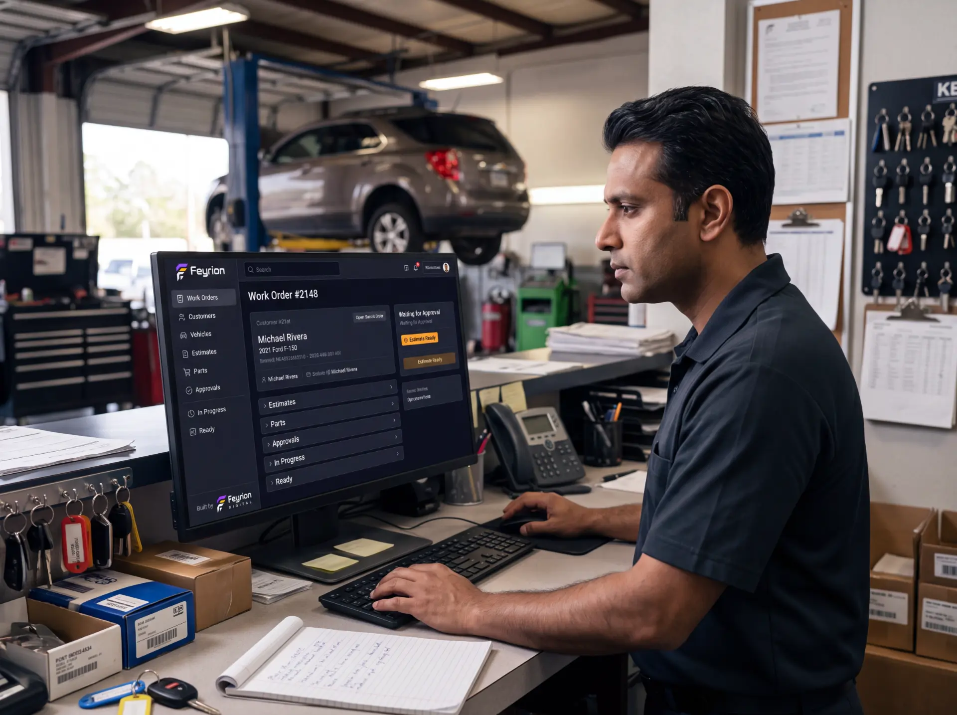 Asesor de un taller automotriz trabajando una orden de servicio en un sistema interno.