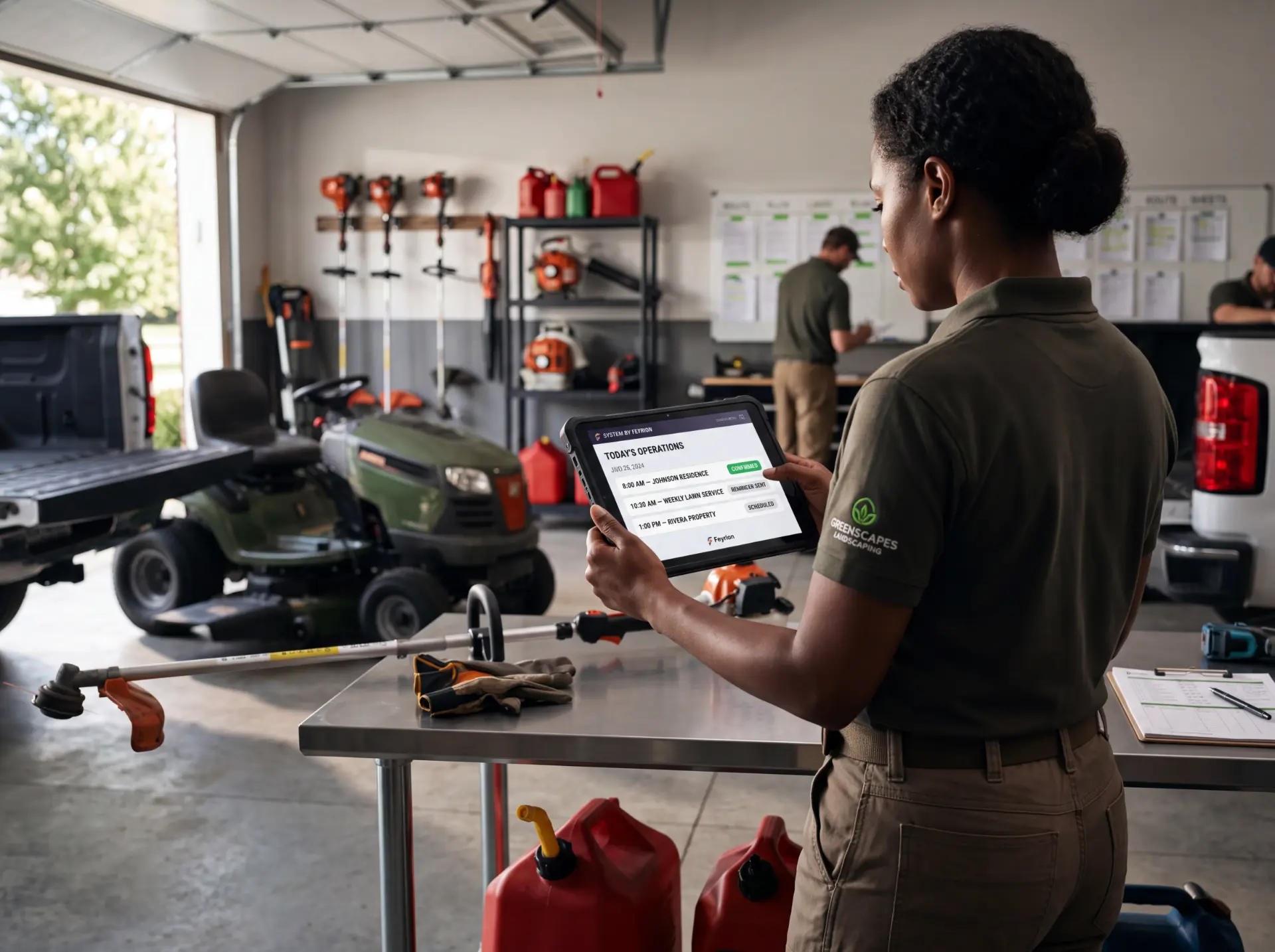 Encargada de una cuadrilla de landscaping revisando las operaciones del día en una tablet.