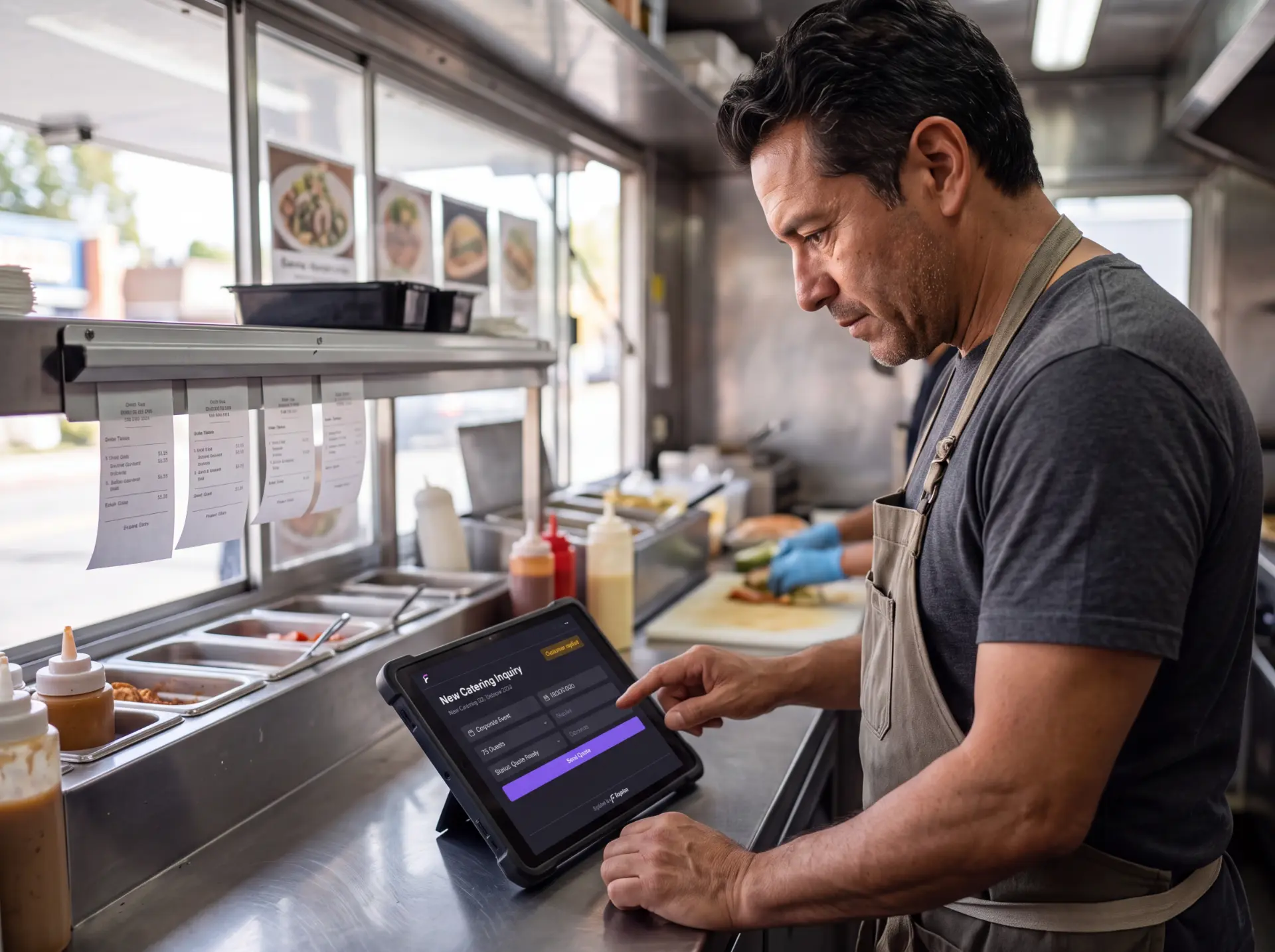 Dueño de un food truck registrando una solicitud de catering en una tablet.