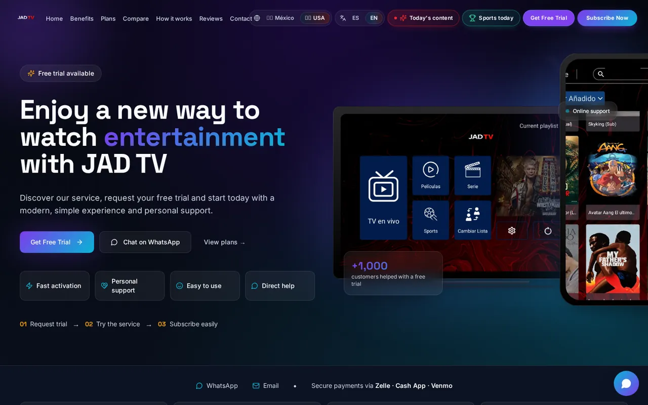Screenshot real del website en producción de JAD TV (myjadtv.com).