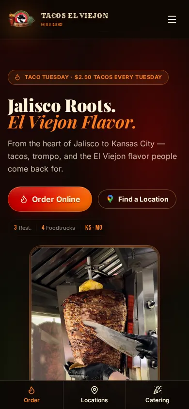 Screenshot real de Tacos El Viejón en teléfono: menú y ubicaciones.